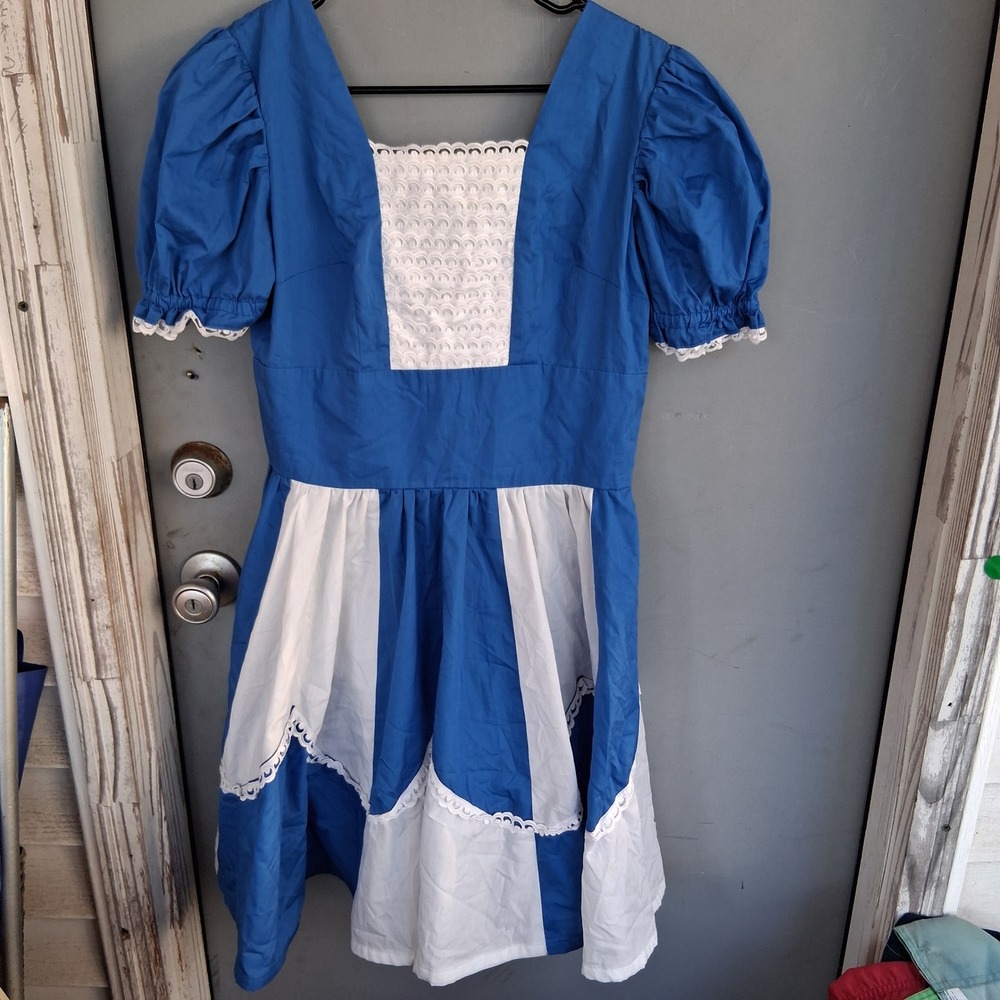 Vtg Handmade Blue White Eyelet Lace Dirndl Dress Puff Sleeve Costume